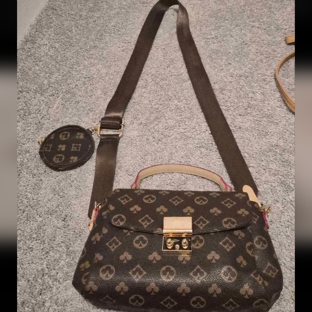 Brown Monogram Crossbody Handbag with Coin Pouch